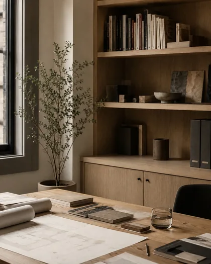 A quiet office with a wooden desk, drawings, shelves and a window.