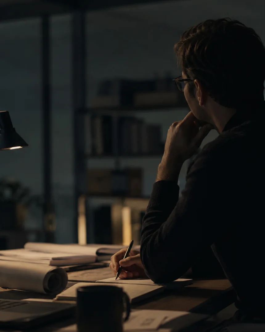 A person working alone at a desk under a lamp, pausing over a document.
