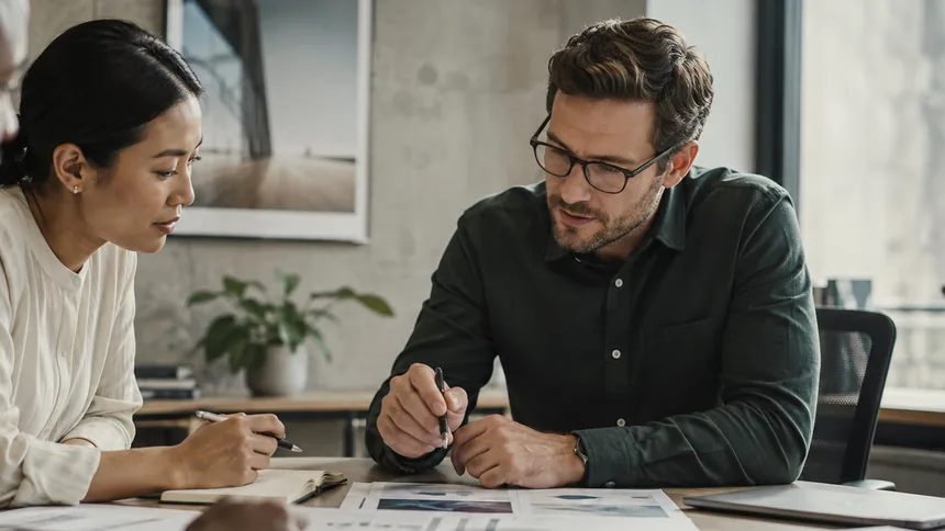 Two colleagues in discussion over papers at a meeting table.
